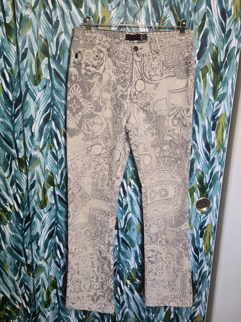 Y2K Vintage Just Cavalli Beige Pants with Gray Ornamental Print